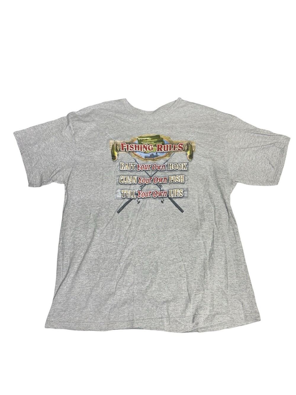 Fishing Rules Graphic T-Shirt Men’s XL Gray Short Sleeve Funny Fishing Tee